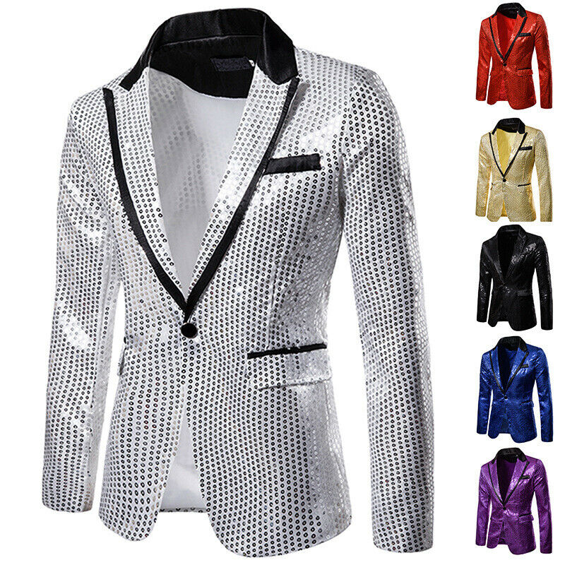 Men's Sequin Blazer Casual Slim Fitness Formal One Button Office Suit Blazer Coat Sequins Suit Jacket