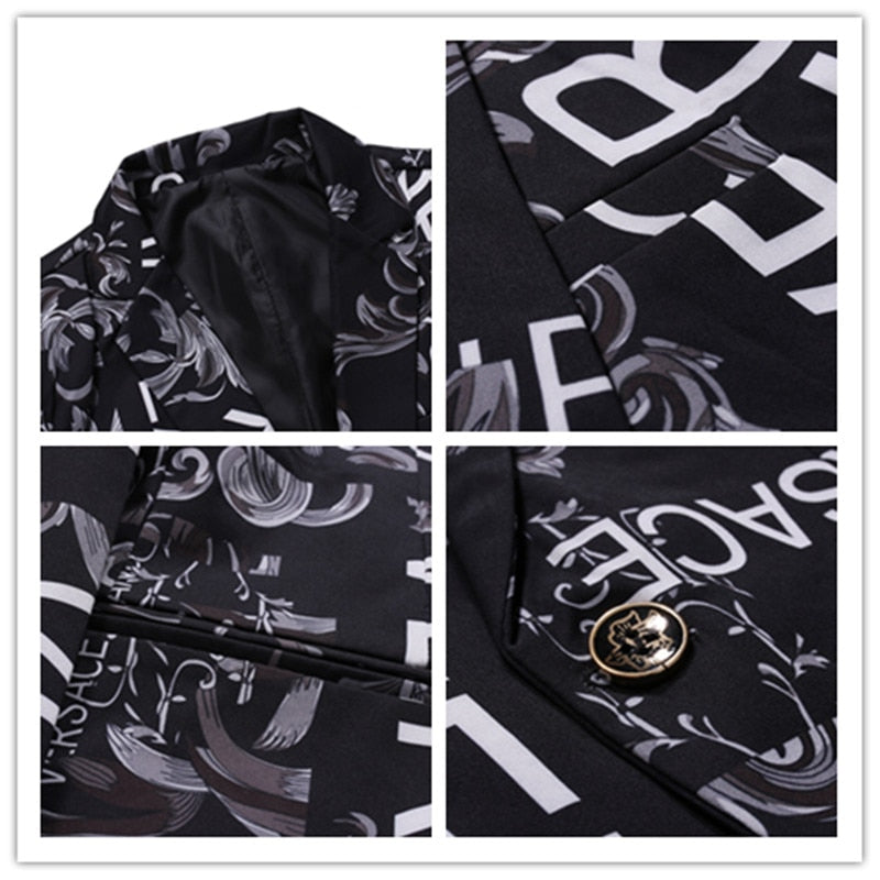 Mens Blazer Letter Print Slim Single-button Hip Hop Suit Jacket