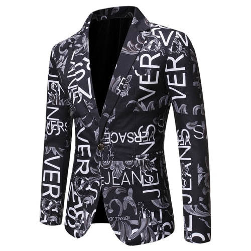 Mens Blazer Letter Print Slim Single-button Hip Hop Suit Jacket