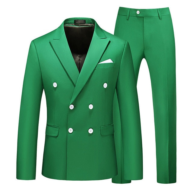 Men Two-piece Suit Double-breasted Solid Color Slim Business Casual Suits with Pants