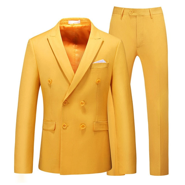 Men Two-piece Suit Double-breasted Solid Color Slim Business Casual Suits with Pants