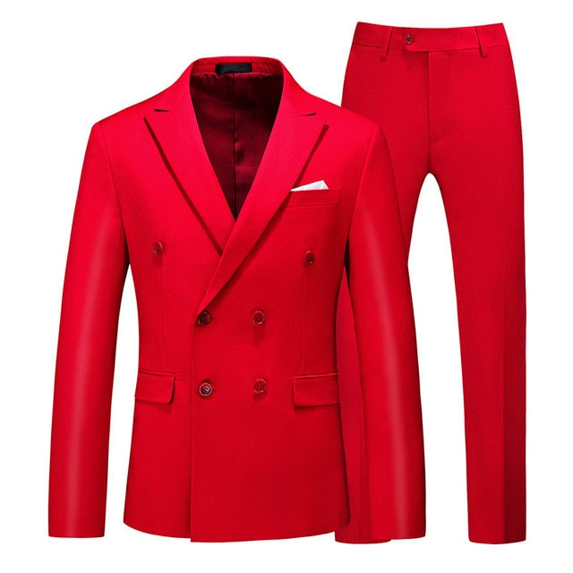 Men Two-piece Suit Double-breasted Solid Color Slim Business Casual Suits with Pants