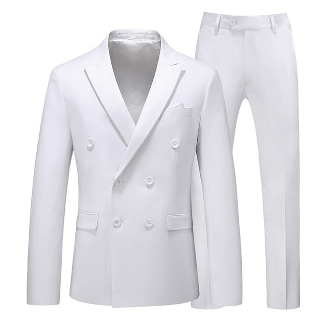 Men Two-piece Suit Double-breasted Solid Color Slim Business Casual Suits with Pants