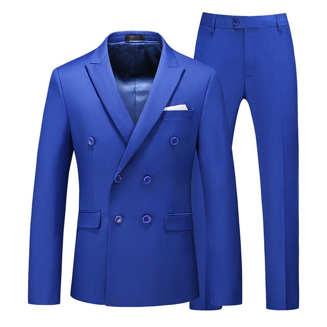 Men Two-piece Suit Double-breasted Solid Color Slim Business Casual Suits with Pants
