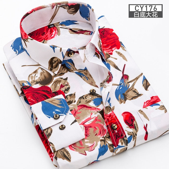 Men Long Sleeve Floral Plaid Dress Shirt