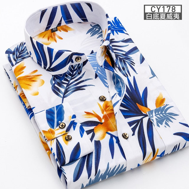 Men Long Sleeve Floral Plaid Dress Shirt