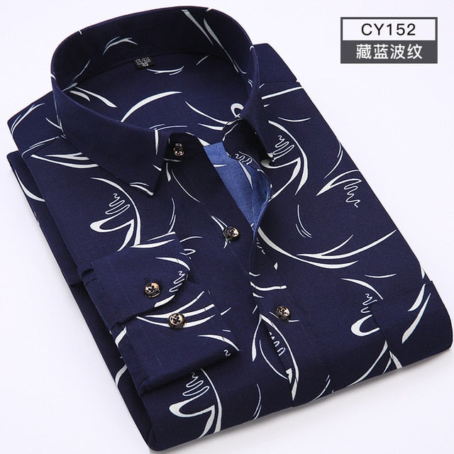 Men Long Sleeve Floral Plaid Dress Shirt