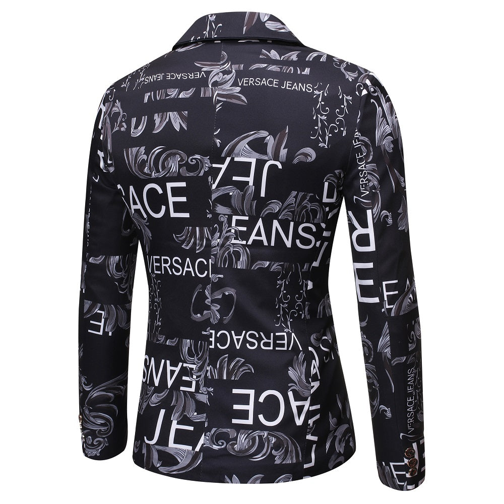 Mens Blazer Letter Print Slim Single-button Hip Hop Suit Jacket