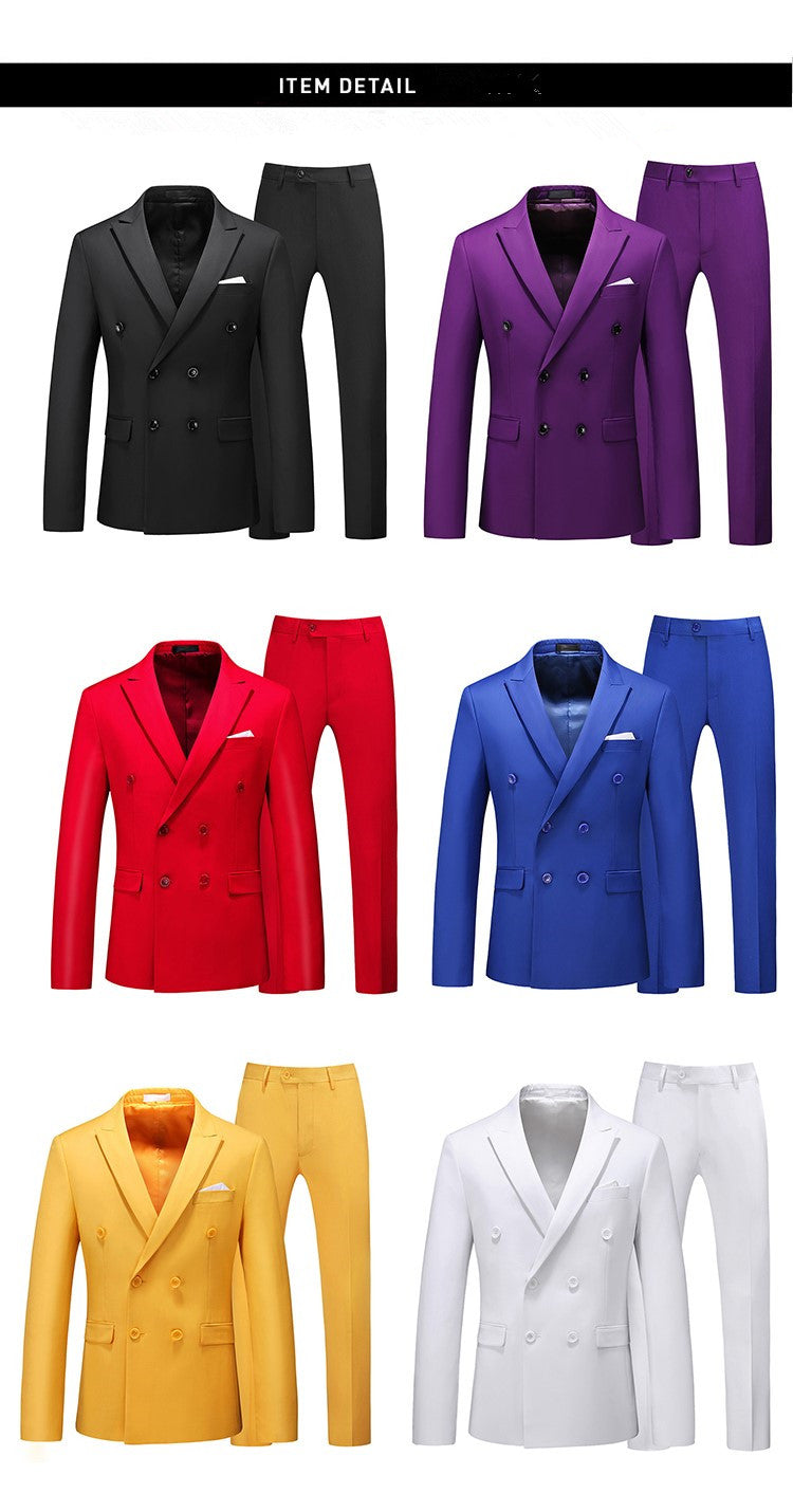 Men Two-piece Suit Double-breasted Solid Color Slim Business Casual Suits with Pants