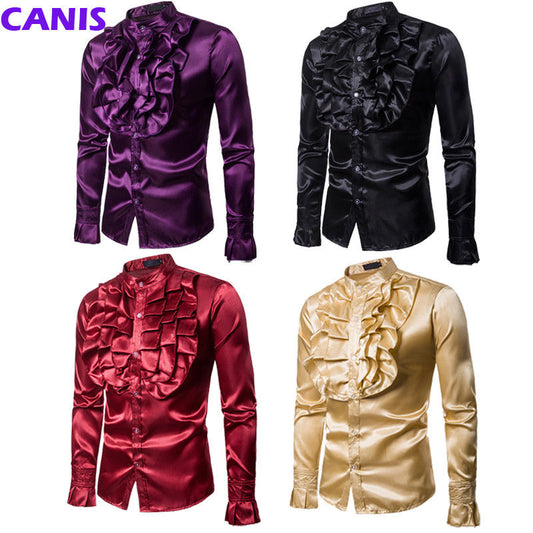Long Sleeve Square Collar Regular Ruffles Satin Men Dress Shirts