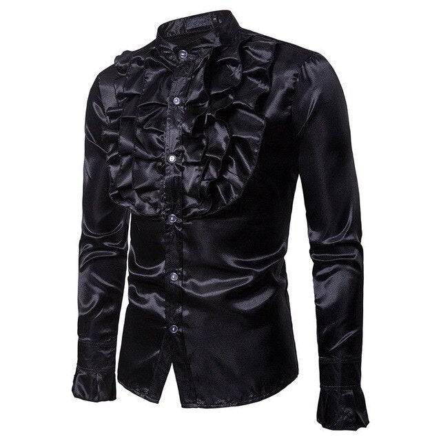 Long Sleeve Square Collar Regular Ruffles Satin Men Dress Shirts