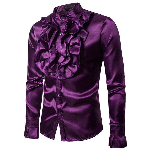 Long Sleeve Square Collar Regular Ruffles Satin Men Dress Shirts