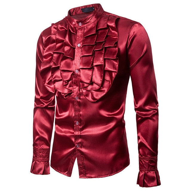 Long Sleeve Square Collar Regular Ruffles Satin Men Dress Shirts