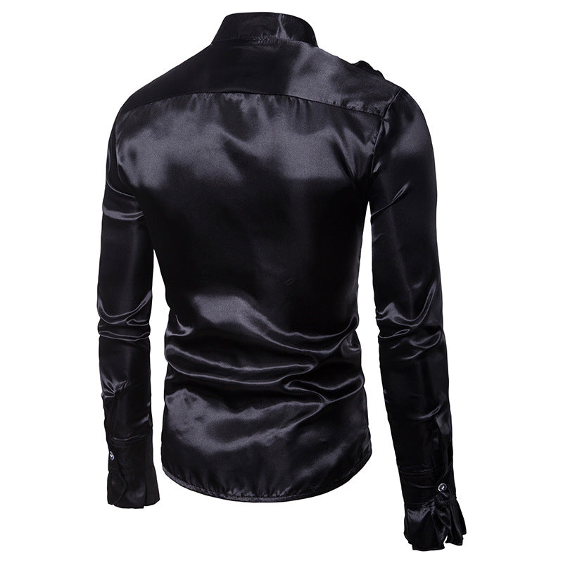 Long Sleeve Square Collar Regular Ruffles Satin Men Dress Shirts