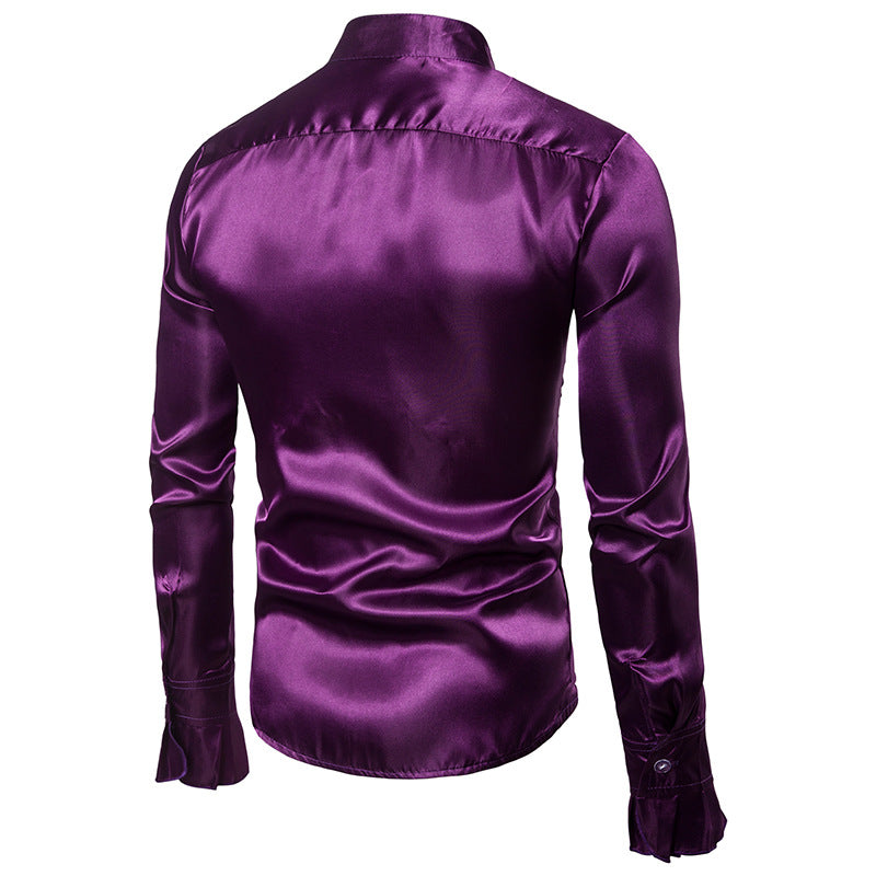 Long Sleeve Square Collar Regular Ruffles Satin Men Dress Shirts