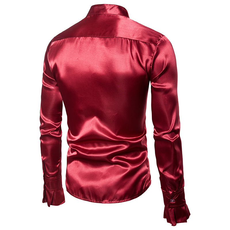 Long Sleeve Square Collar Regular Ruffles Satin Men Dress Shirts