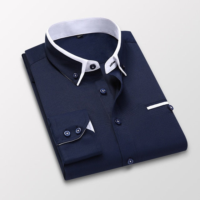 Men Shirt Long Sleeve Twill Solid Striped Slim Fit Dress Shirts