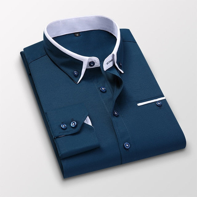Men Shirt Long Sleeve Twill Solid Striped Slim Fit Dress Shirts