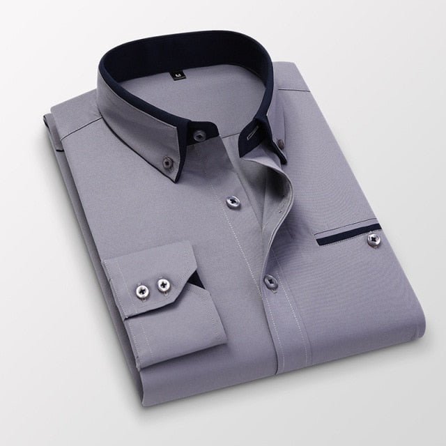 Men Shirt Long Sleeve Twill Solid Striped Slim Fit Dress Shirts