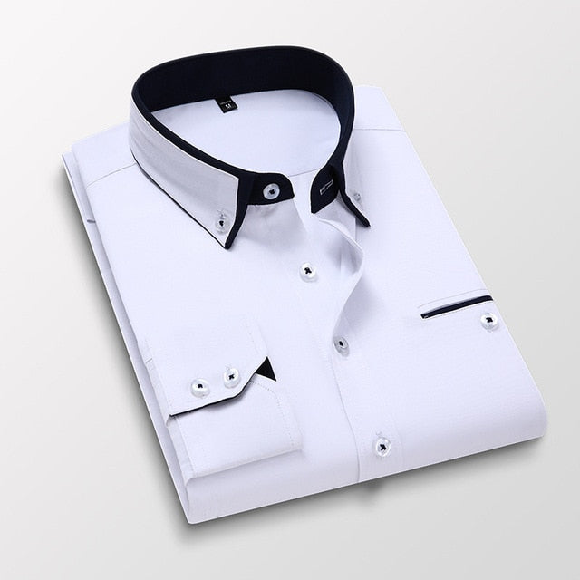 Men Shirt Long Sleeve Twill Solid Striped Slim Fit Dress Shirts
