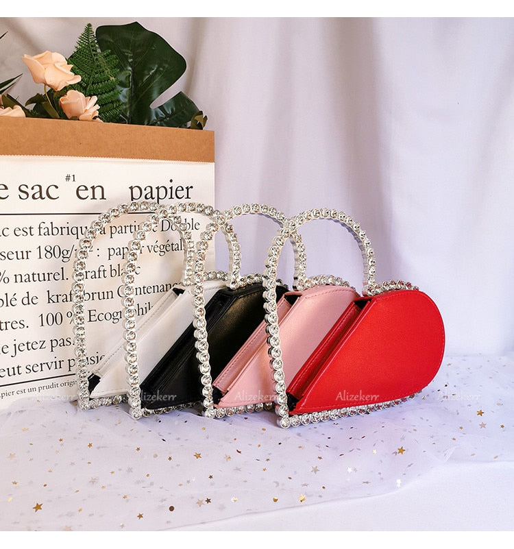 Diamond Red Heart Evening Clutch Bags Women Designer Chic Rhinestone Acrylic Handle Black Purse For Wedding Party
