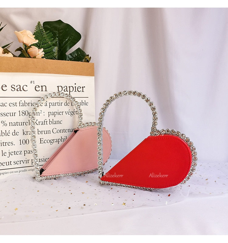 Diamond Red Heart Evening Clutch Bags Women Designer Chic Rhinestone Acrylic Handle Black Purse For Wedding Party