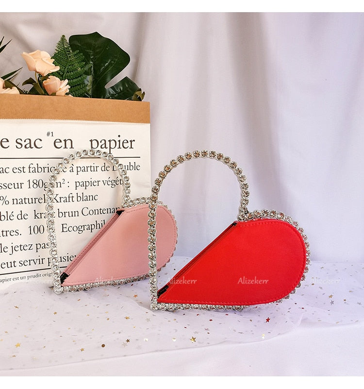 Diamond Red Heart Evening Clutch Bags Women Designer Chic Rhinestone Acrylic Handle Black Purse For Wedding Party