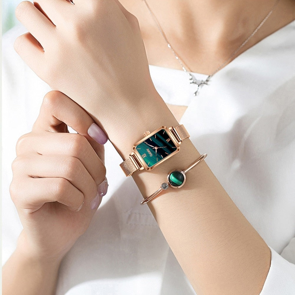 Women Watches Fashion Square Ladies Quartz Bracelet Set