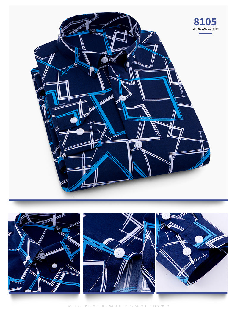 Geometric Print Long Sleeved Slim Fit Business Dress Shirt