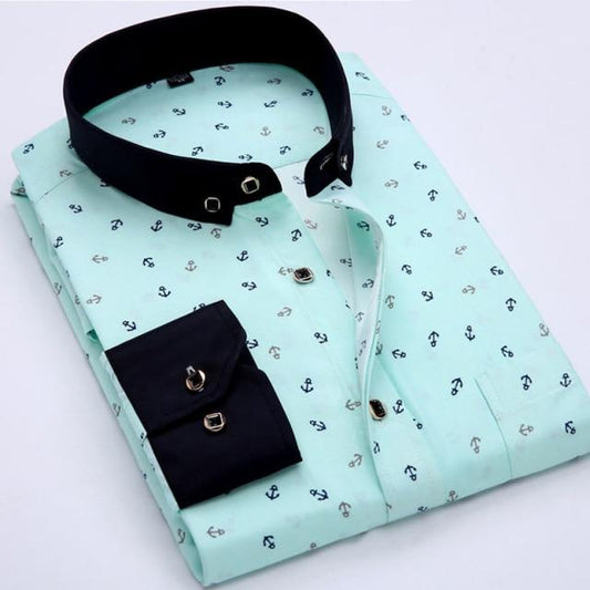 Anchor Print Long Sleeved Slim Fit Business Dress Shirt