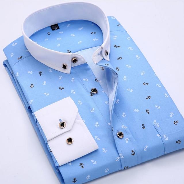 Anchor Print Long Sleeved Slim Fit Business Dress Shirt