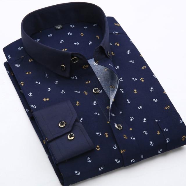 Anchor Print Long Sleeved Slim Fit Business Dress Shirt