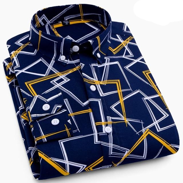 Geometric Print Long Sleeved Slim Fit Business Dress Shirt