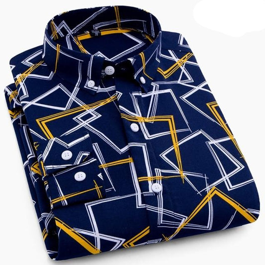 Geometric Print Long Sleeved Slim Fit Business Dress Shirt