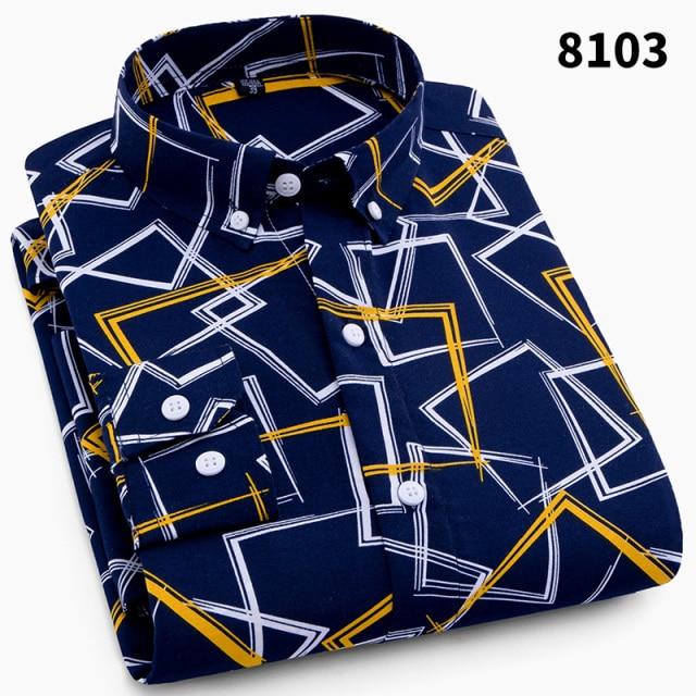 Men Fashion Casual Long Sleeved Printed Slim Fit Business Dress Shirt