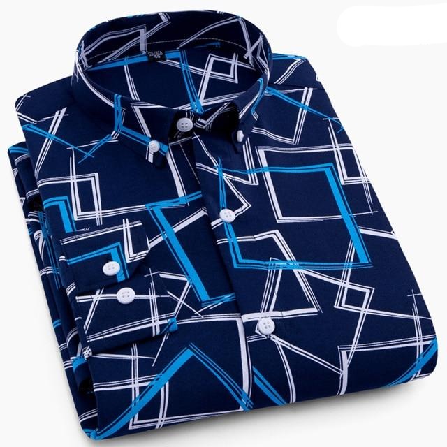 Geometric Print Long Sleeved Slim Fit Business Dress Shirt