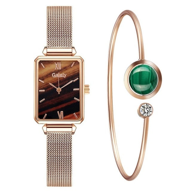 Women Watches Fashion Square Ladies Quartz Bracelet Set