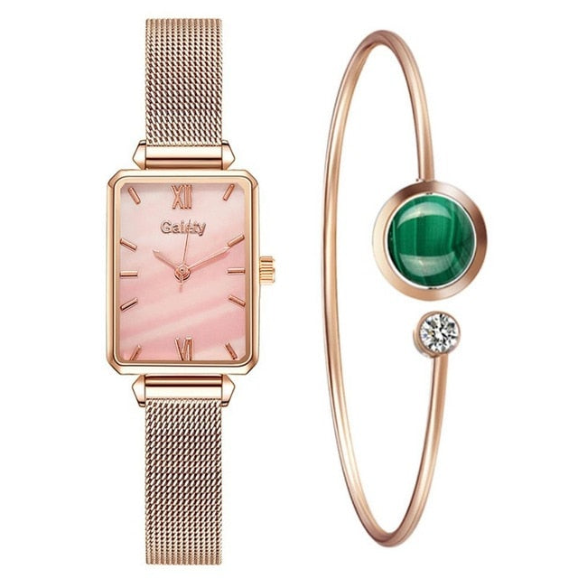 Women Watches Fashion Square Ladies Quartz Bracelet Set