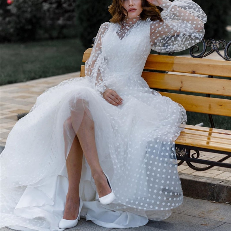 Elegant Polka Dot White Puff Sleeve A-line Long Wedding Dress