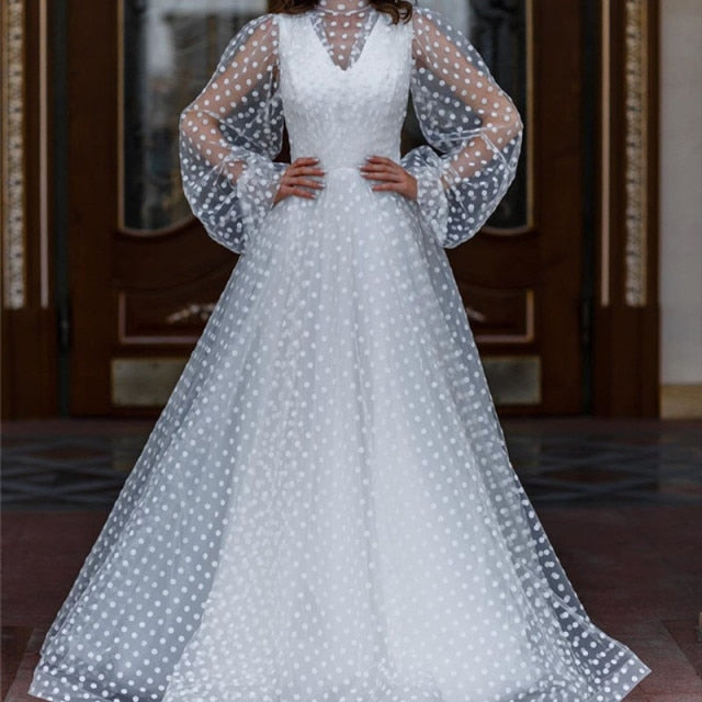 Elegant Polka Dot White Puff Sleeve A-line Long Wedding Dress