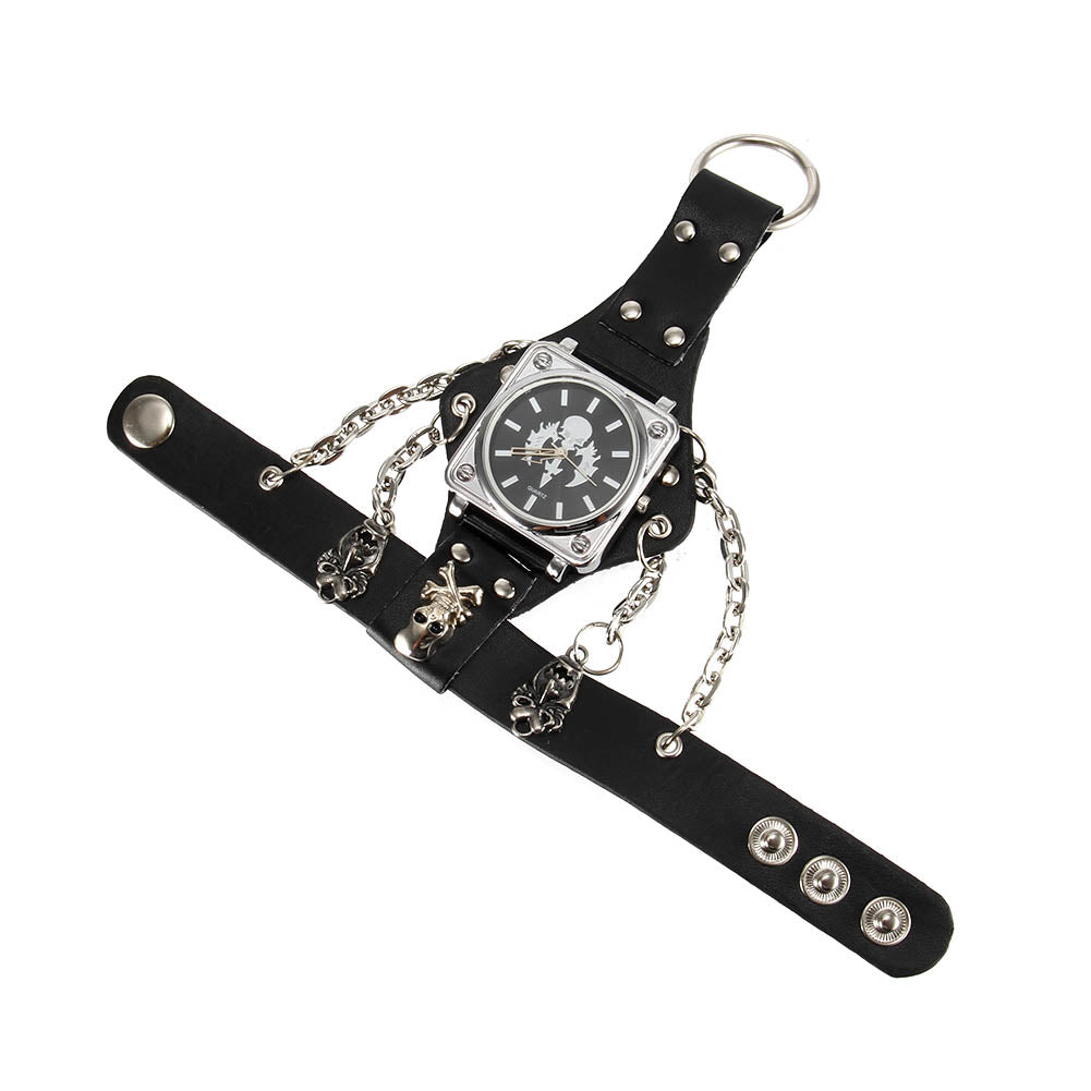 Gailis Punk Quartz 3 Strap Black Leather Unisex Wrist Watch Ring Chain Connection-Free Item Online