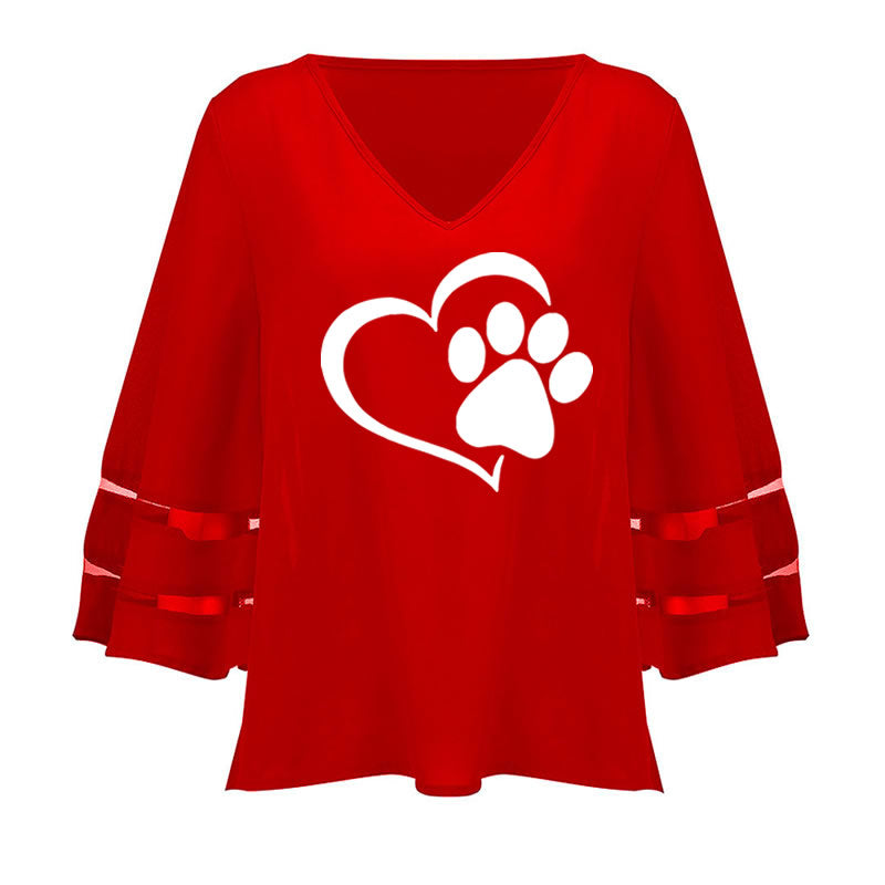 Travis Designs New Fashion Dog Paw Print Women Sexy V-neck Hollow Tops Half Sleeve T Shirts-women paw print top-Free Item Online