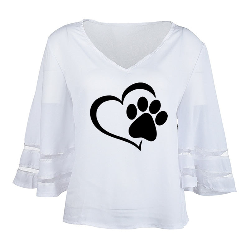 Travis Designs New Fashion Dog Paw Print Women Sexy V-neck Hollow Tops Half Sleeve T Shirts-women paw print top-Free Item Online