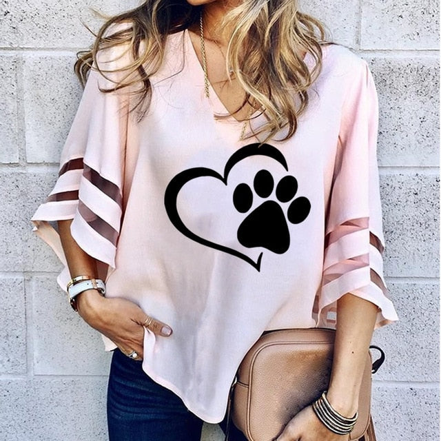 Travis Designs New Fashion Dog Paw Print Women Sexy V-neck Hollow Tops Half Sleeve T Shirts-women paw print top-Pink-XXL-Free Item Online