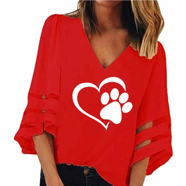 Travis Designs New Fashion Dog Paw Print Women Sexy V-neck Hollow Tops Half Sleeve T Shirts-women paw print top-Red-XXL-Free Item Online