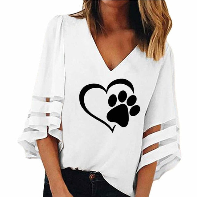 Travis Designs New Fashion Dog Paw Print Women Sexy V-neck Hollow Tops Half Sleeve T Shirts-women paw print top-White-XXL-Free Item Online