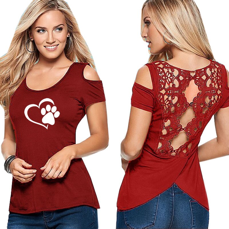 Paw Print Funny Summer Back Lace Dog Lovers T-shirt Women Travis Designs-dog paw print women tee shirt.-Free Item Online