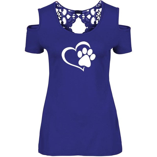 Paw Print Funny Summer Back Lace Dog Lovers T-shirt Women Travis Designs-dog paw print women tee shirt.-Blue-XXL-Free Item Online