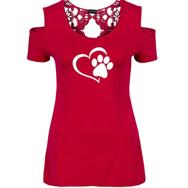 Paw Print Funny Summer Back Lace Dog Lovers T-shirt Women Travis Designs-dog paw print women tee shirt.-Red-XXL-Free Item Online