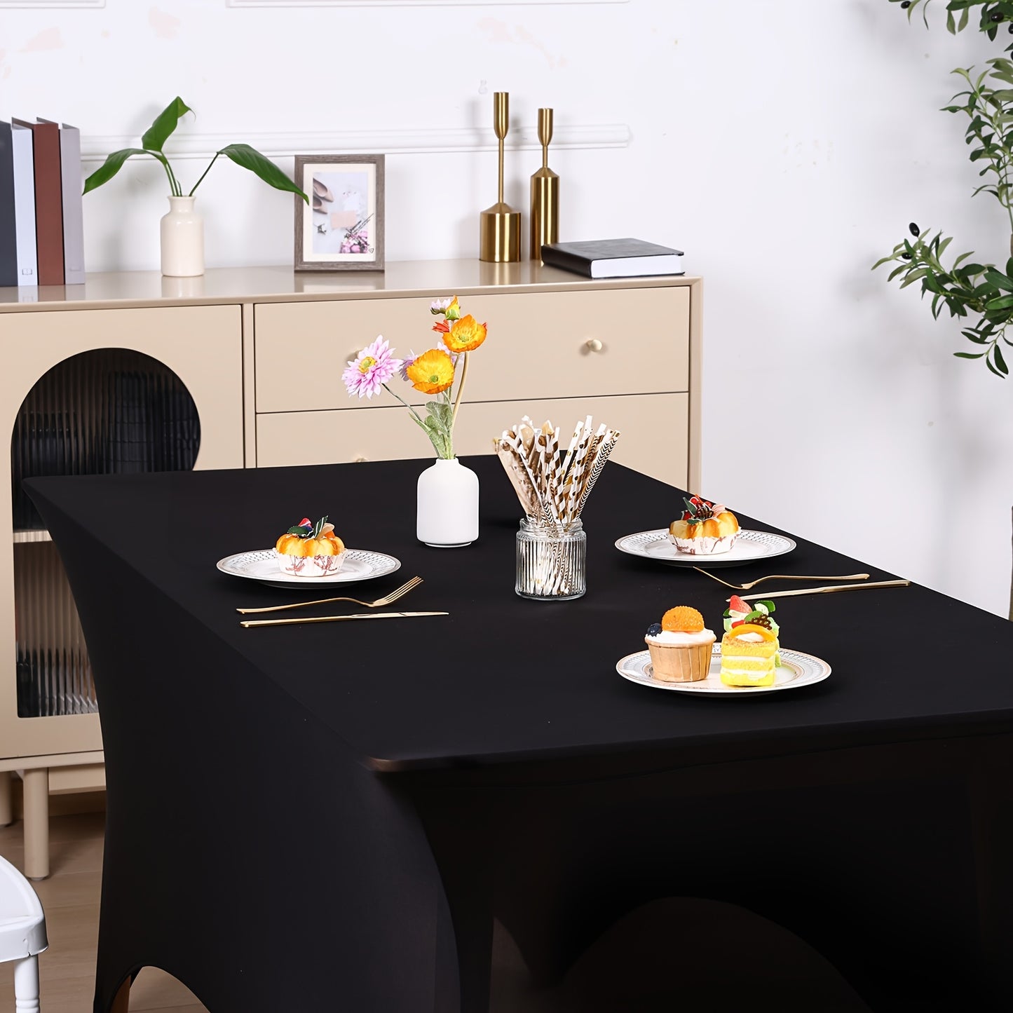 TOMNK 3pcs Black/white Table Cloths Rectangle 4ft/6ft/8ft, Tablecloths Rectangular Stretch Spandex Fitted Table Covers, Trade Shows, Banquet, Weddings, Buffet, Graduation Decorations
